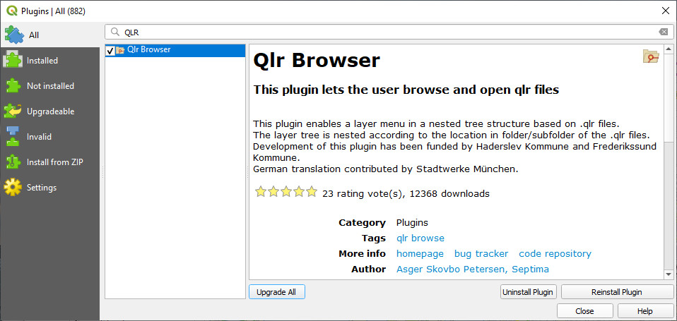 Installing the QLR Browser plugin via the QGIS Plugin Manager