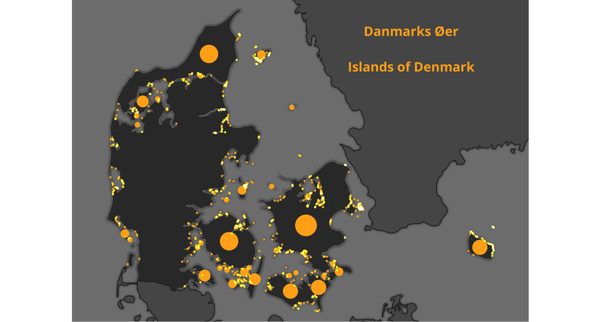Denmarks 1400+ Islands by size, with a Halloween color scheme