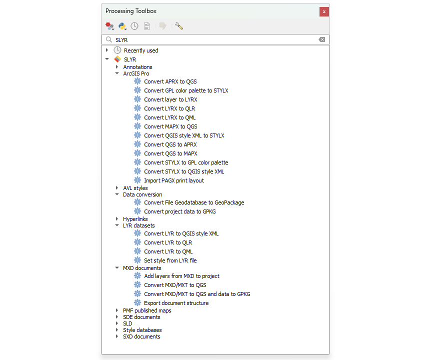 SLYR Tools in the QGIS Processing Toolbox 